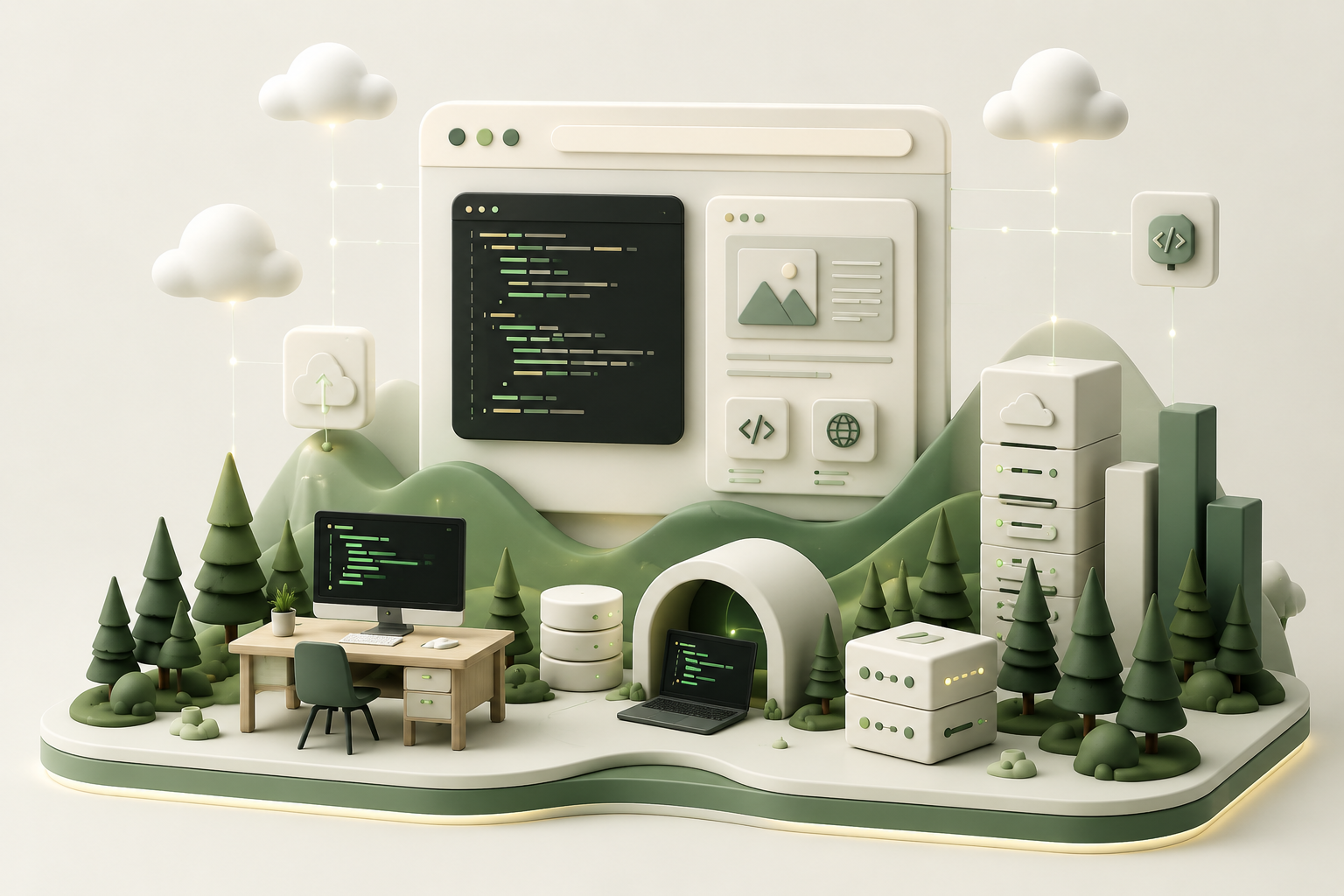 3D illustration of web development, code panels, cloud hosting and digital interface